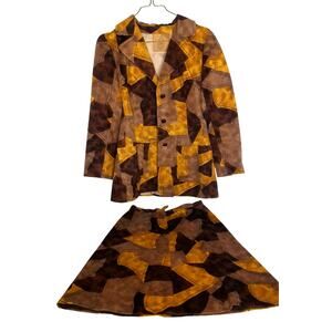 Vintage 70s Patchwork Faux Suede Skirt Suit Set Brown Retro Boho Hippie READ